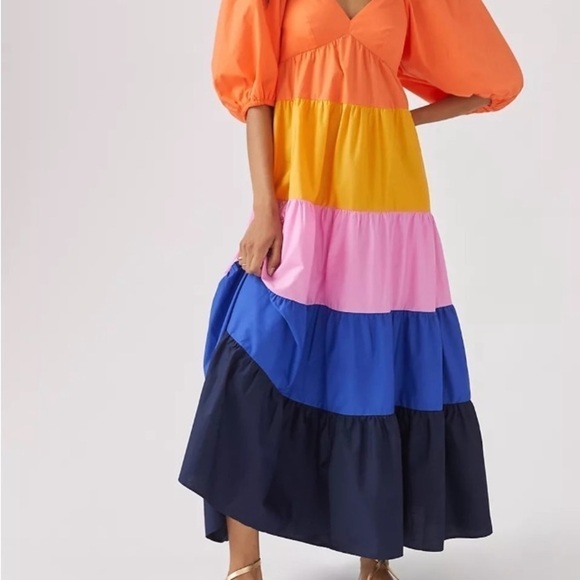 ANTHROPOLOGIE Farm Rio Tiered Colorblocked Maxi Dress XXS Petite Maximalist Boho - Picture 7 of 16
